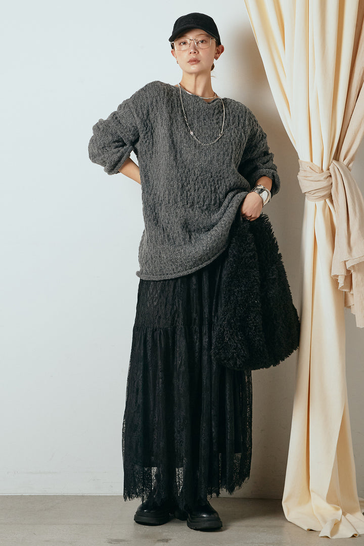 [SET]ボリューム編みニットプルオーバー+ひげレース切替ロング丈スカート(2set)