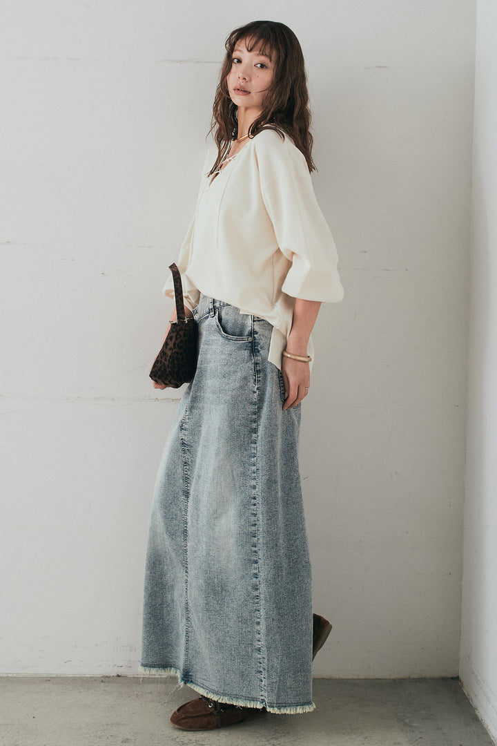 [SET]レースアップワッフルボーダートップス+ウエストクロスデニムタイトスカート(2set)