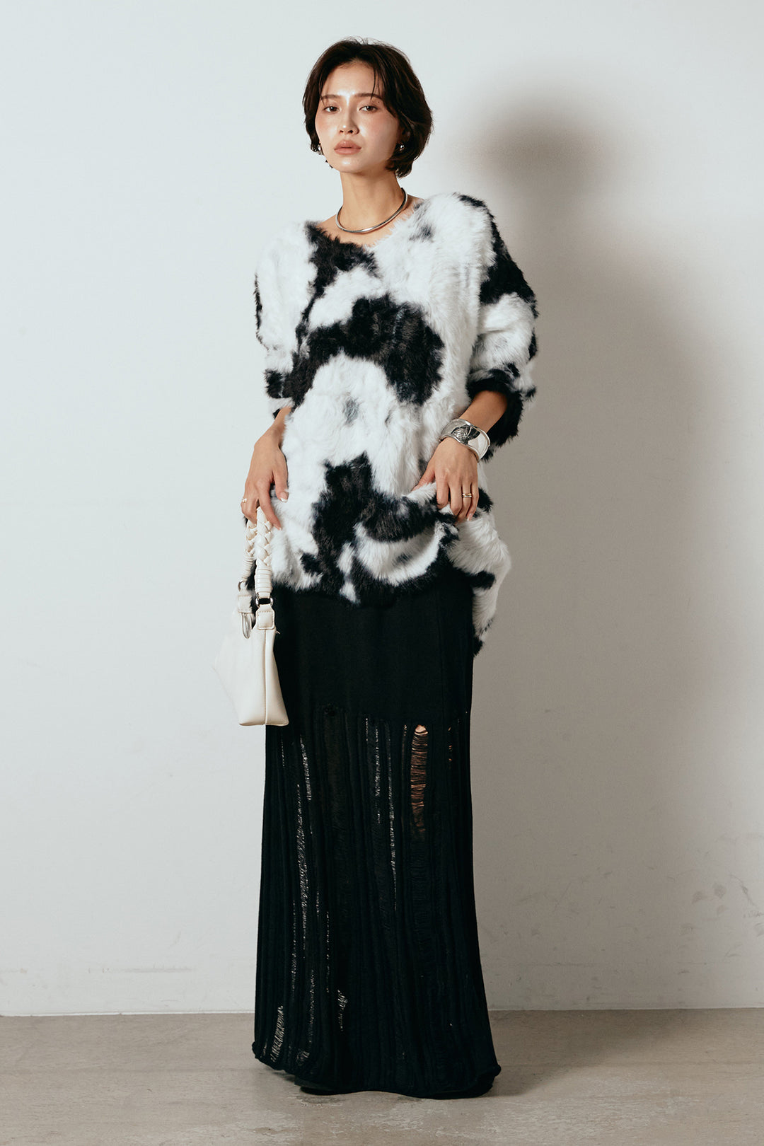 [SET]タイダイ柄シャギーニットトップス+裾シアーリブスカート(2set)