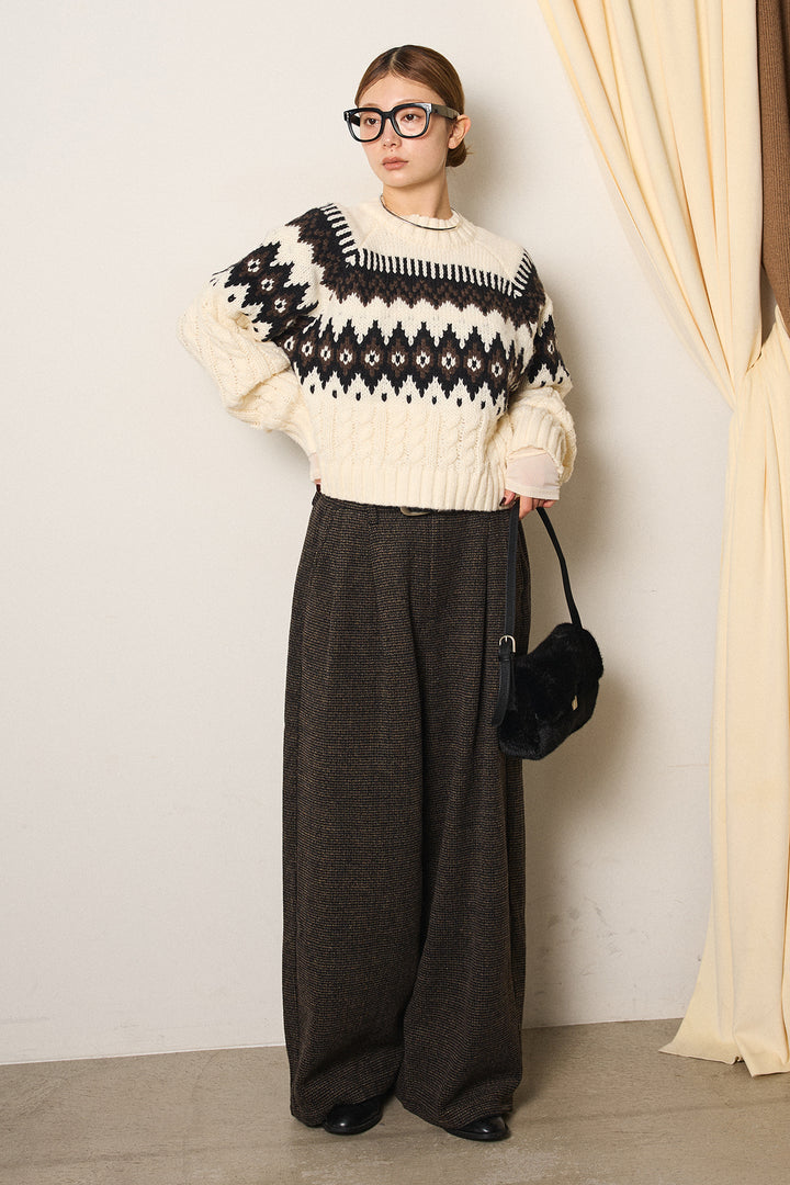 [SET]2WAY求心柄ジャガードショートカーディガン+起毛タック入りツイードワイドパンツ+2WAY袖コード刺繍クルーネックプルオーバー(3set)