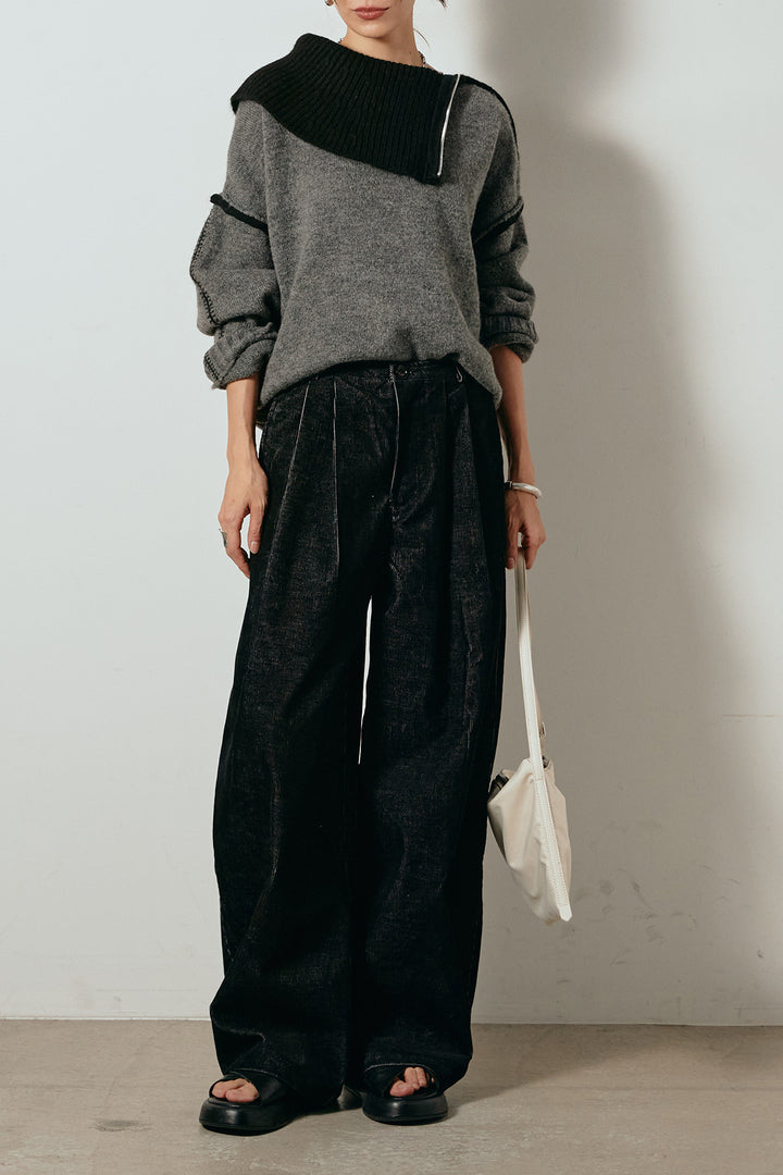 [SET]ハイネックジップデザインニットトップス+フロントタック入りコーデュロイパンツ(2set)