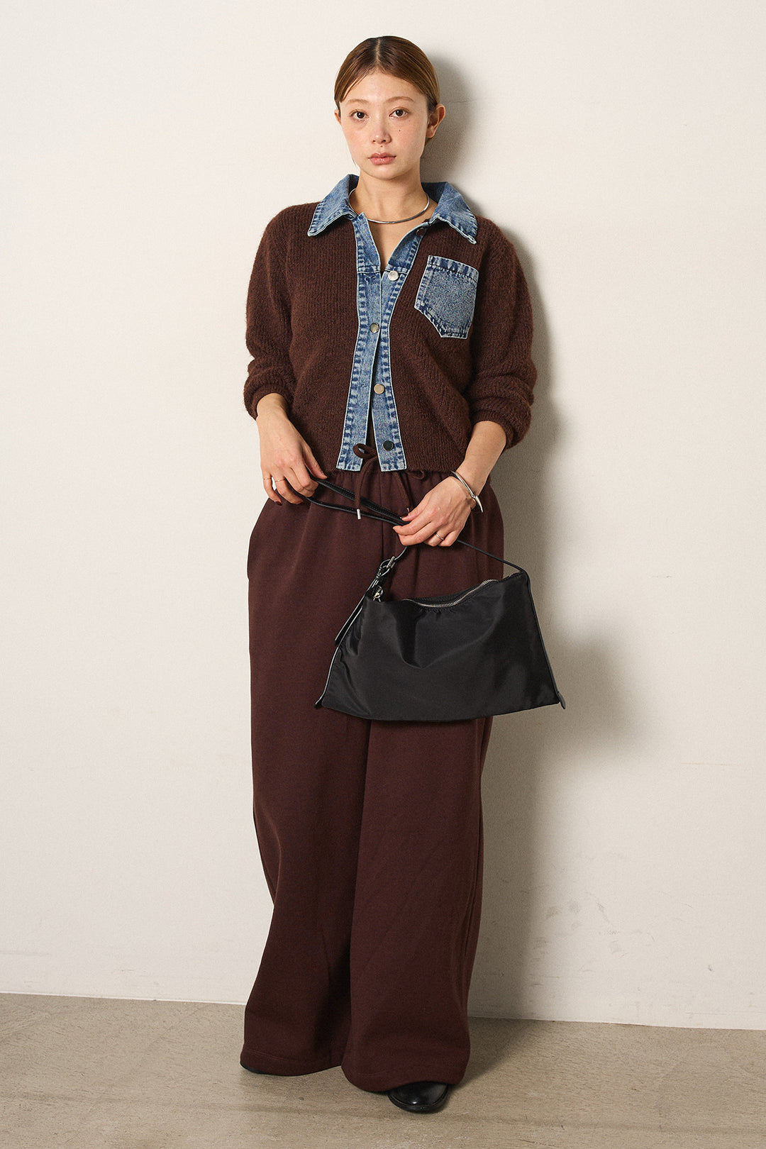 [SET]襟付きデニム切替ニットカーディガン+裏起毛スウェットワイドパンツ(2set)