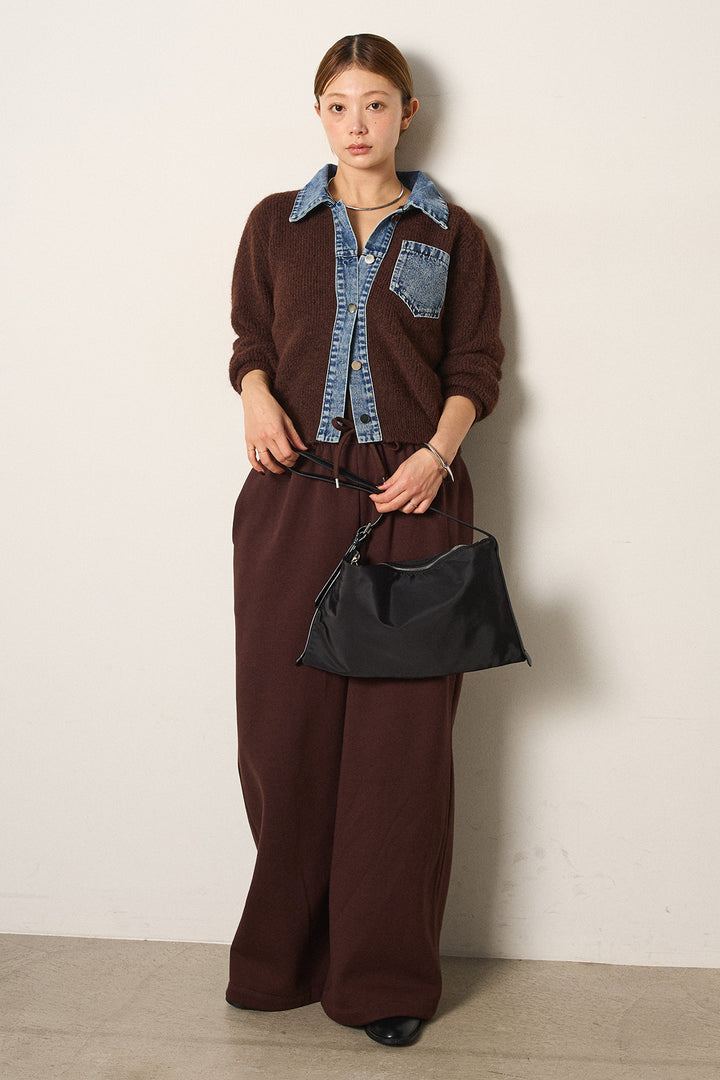 [SET]襟付きデニム切替ニットカーディガン+裏起毛スウェットワイドパンツ(2set)