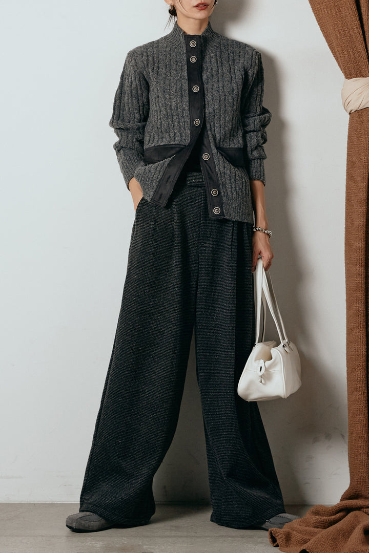 [SET]ボトルネックケーブルニットカーディガン+起毛タック入りツイードワイドパンツ(2set)