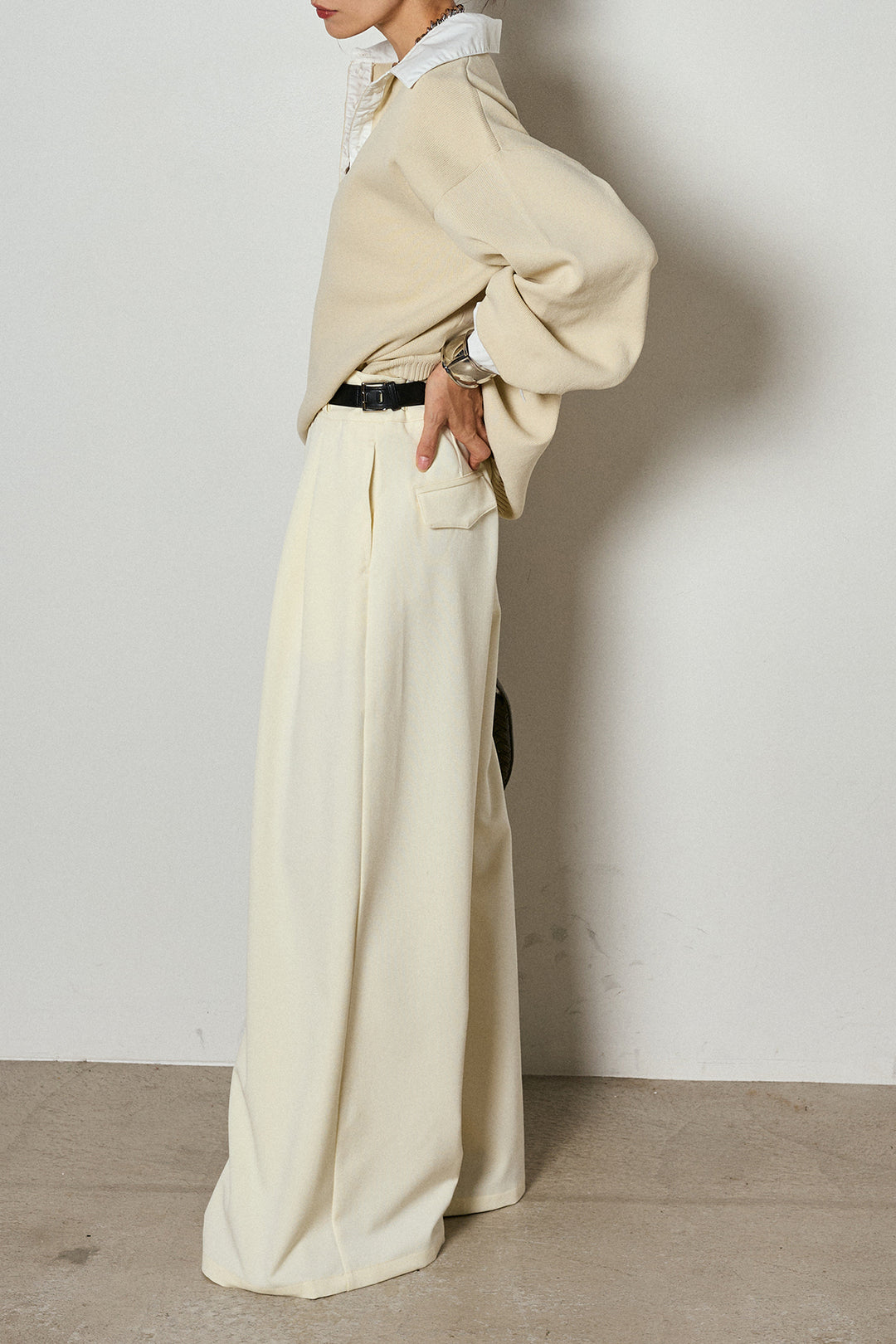 【即納】ウエストベルト付きタックワイドパンツ