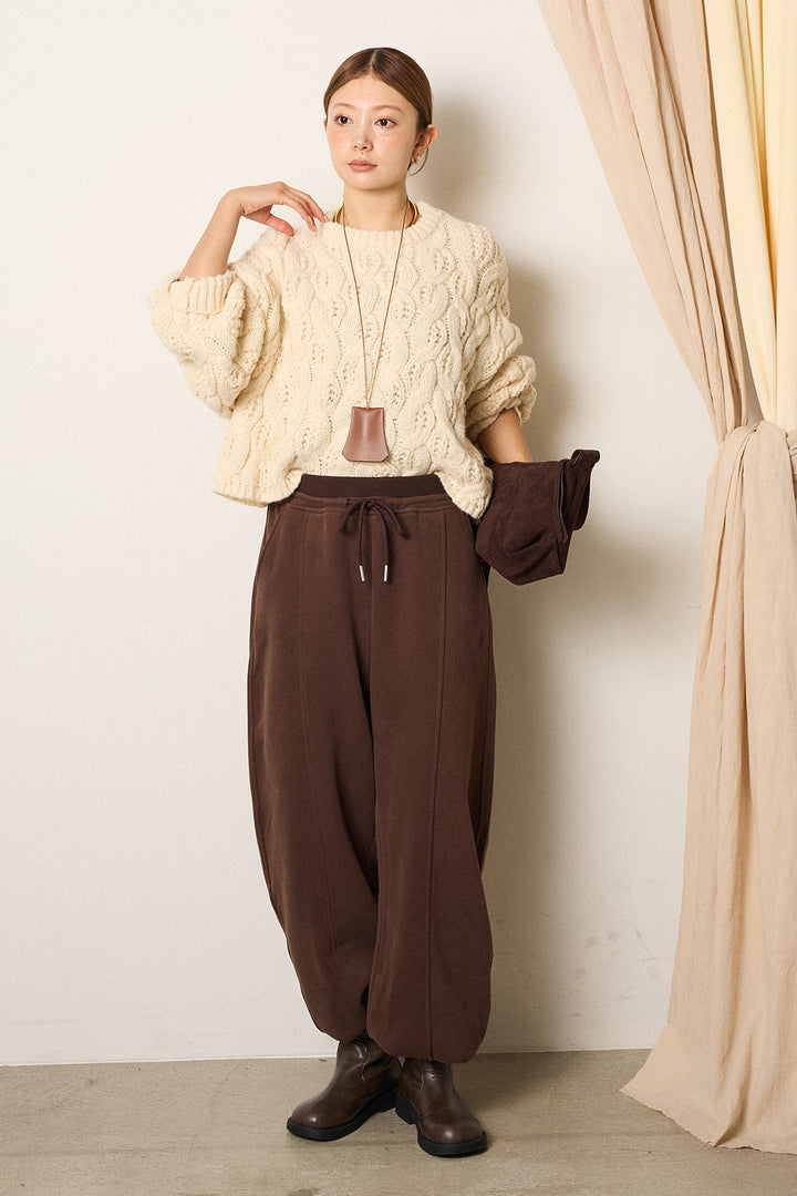 [SET]ケーブルリラックスショートニット+スウェットワイドカーブパンツ(2set)