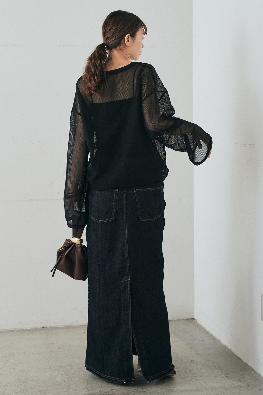 [SET]メッシュカットソースキッパープルオーバー+ウエストクロスデニムタイトスカート(2set)