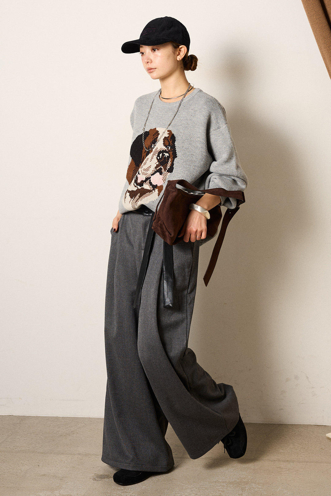 [SET]アニマルジャガード柄ニットトップス+巻ベルトウエストレザーライクワイドパンツ(2set)