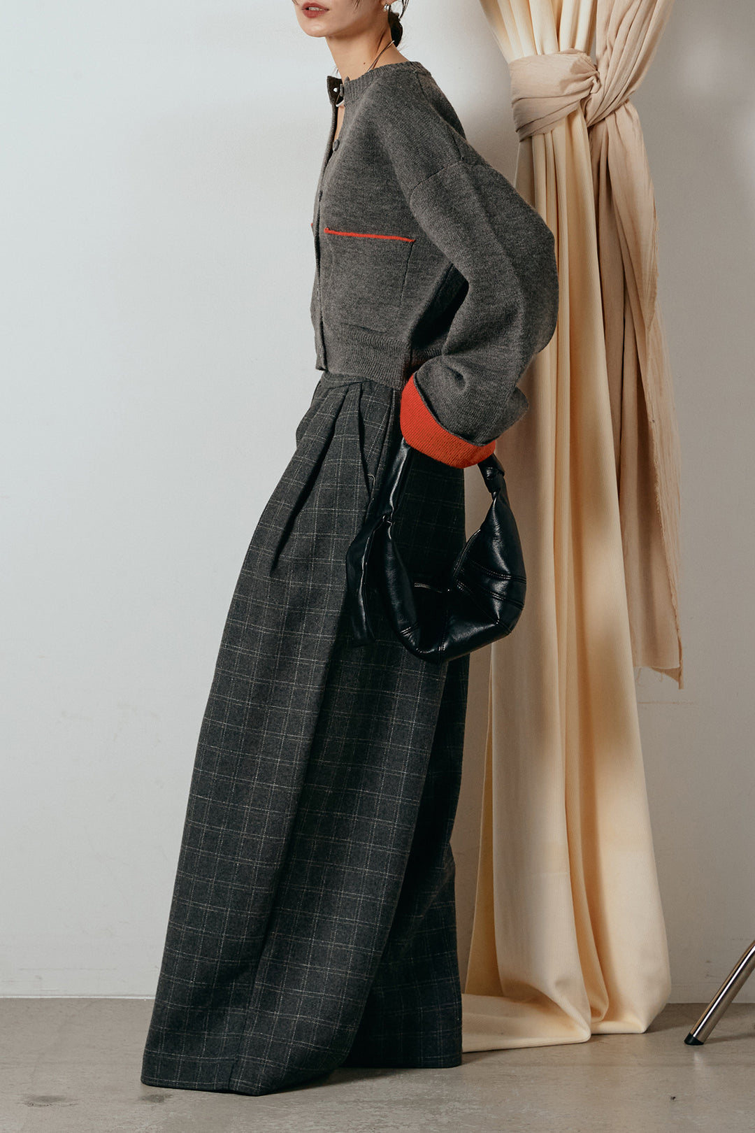 [SET]アルパカタッチダブルフェイスカーディガン+ウールライクチェックタックパンツ(2set)