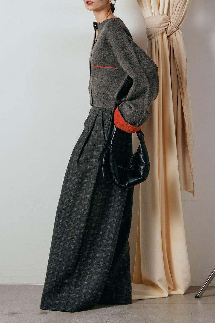 [SET]アルパカタッチダブルフェイスカーディガン+ウールライクチェックタックパンツ(2set)