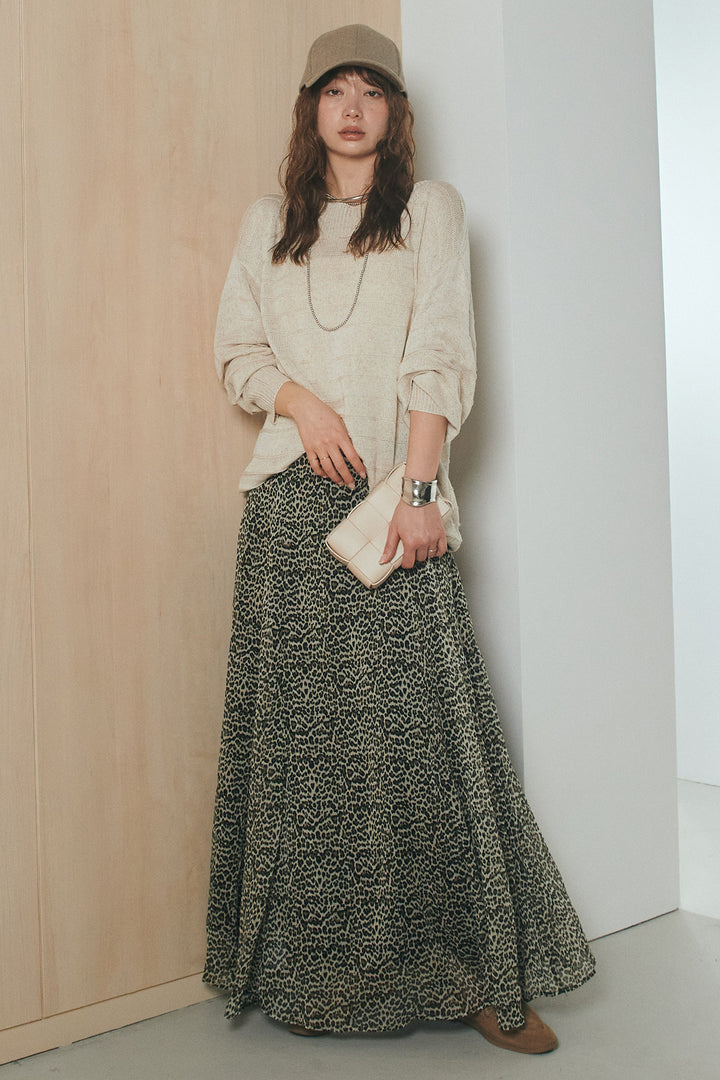 [SET]麻混リラックスニットトップス+リラックスレオパードロングスカート(2set)