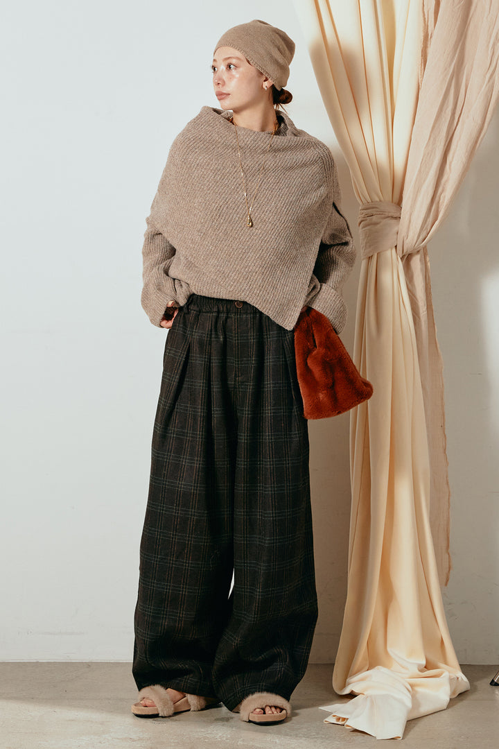 [SET]ケープデザインリブニットトップス+タータンチェック柄タックパンツ(2set)