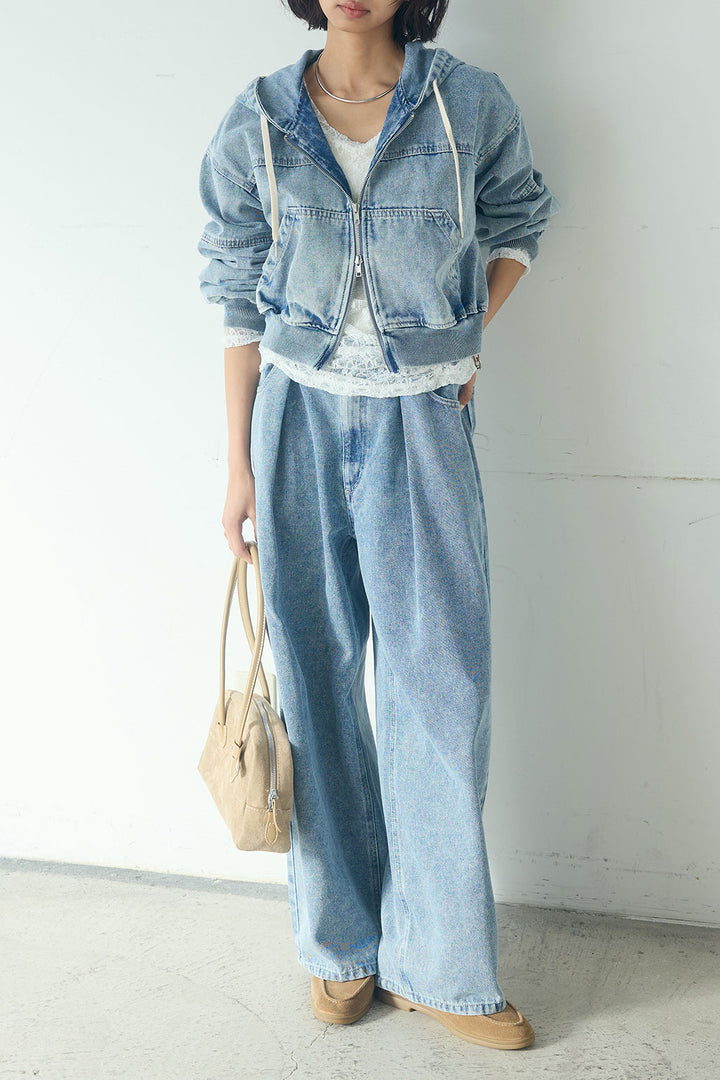 【着回しセット】[SET]デニムダブルジップパーカーブルゾン+デニムタックカーブパンツ+デニムダブルジップパーカーブルゾン(3set)