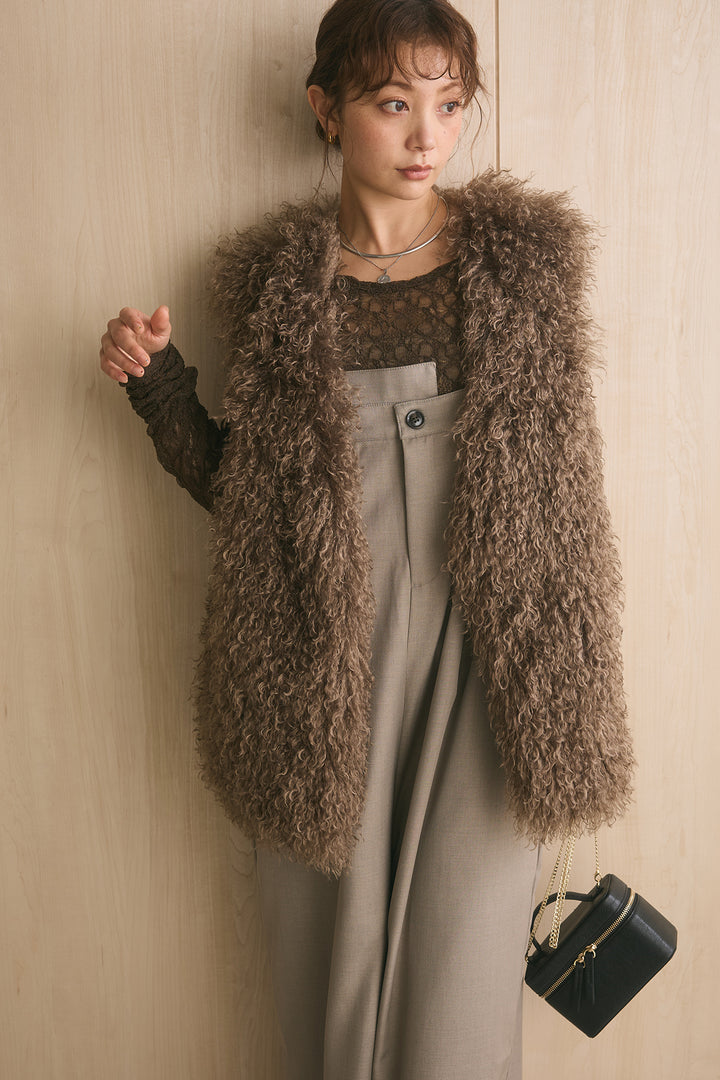 [SET]ロングシャギーファーベスト+ツイルアシメサロペット(2set)