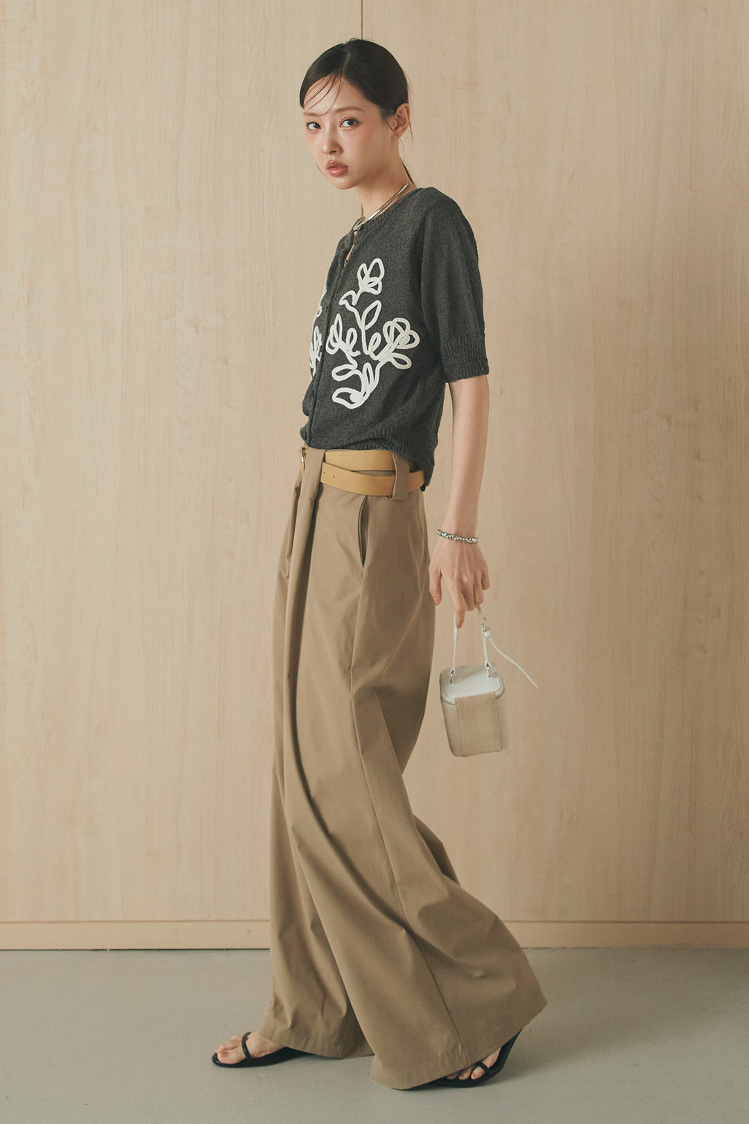 [SET]フロントテープデザイン半袖カーディガン+ベルトループデザインハイウエストタックパンツ(2set)