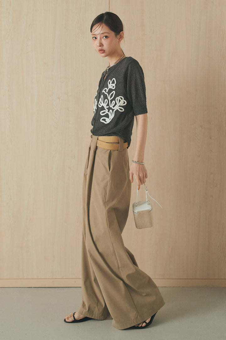 [SET]フロントテープデザイン半袖カーディガン+ベルトループデザインハイウエストタックパンツ(2set)