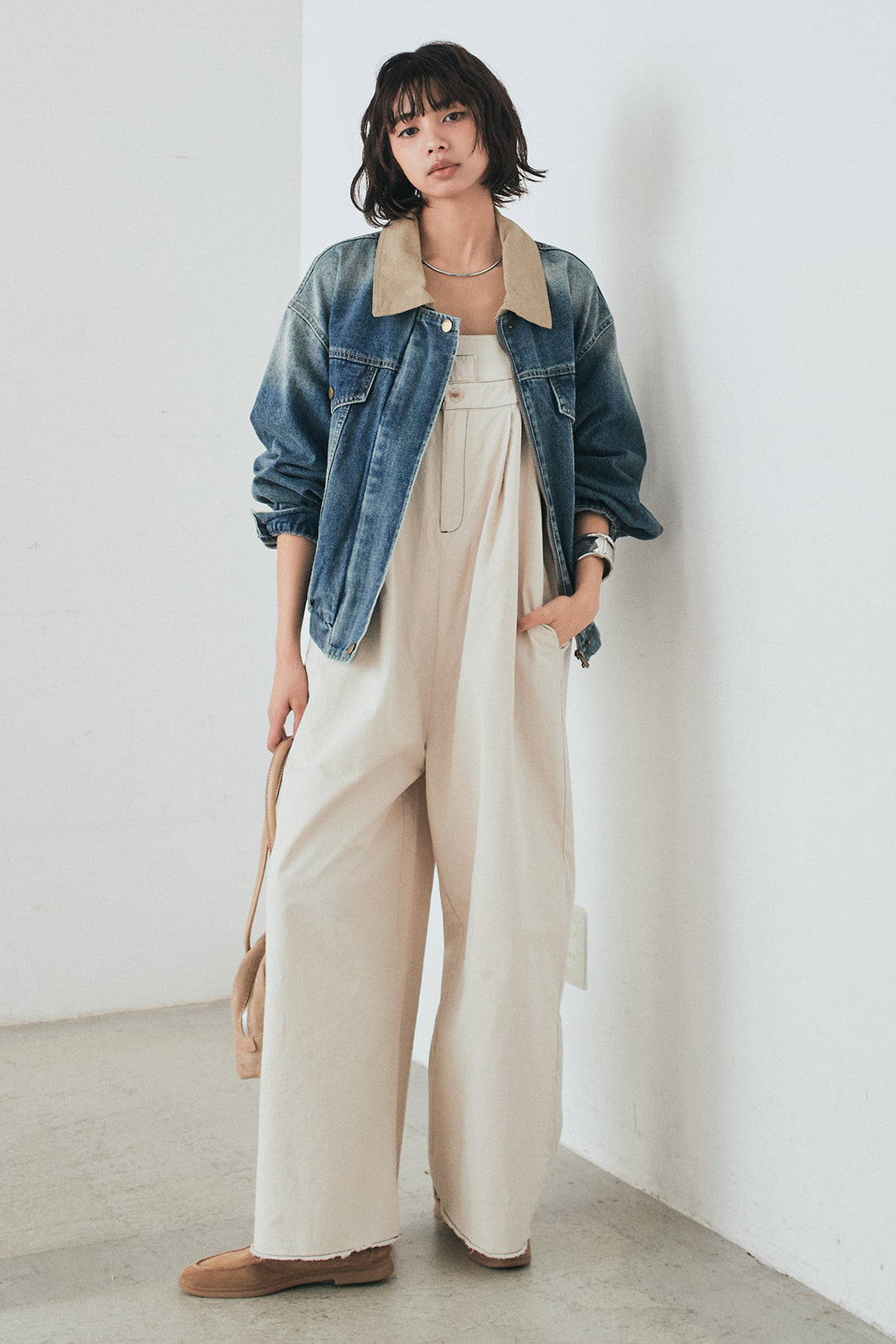 [SET]襟切り替えジップデニムジャケット+綿ツイルアシメサロペット(2set)