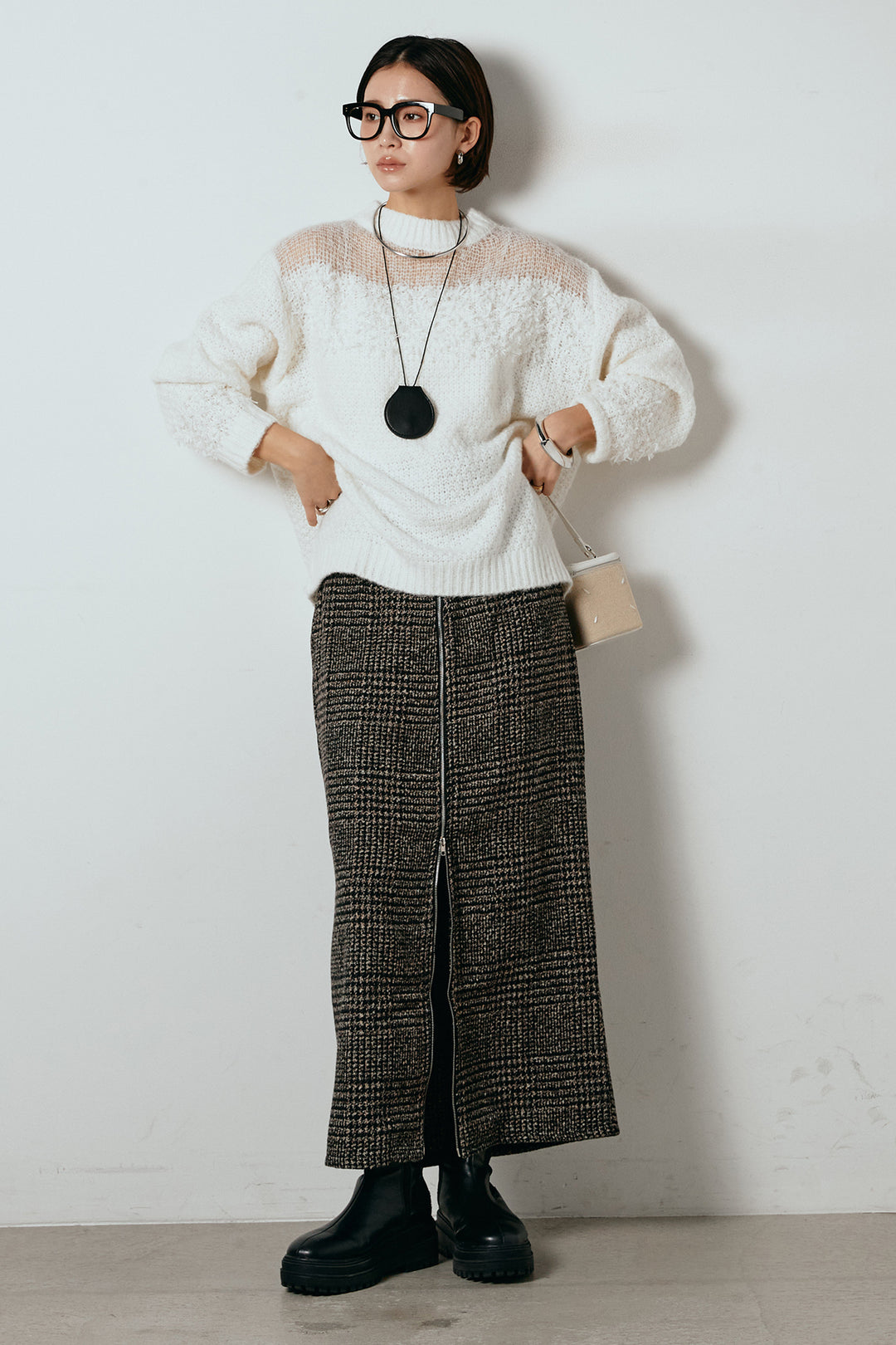 [SET]パターンランダム編みニットトップス+グレンチェック柄フロントジップタイトスカート(2set)