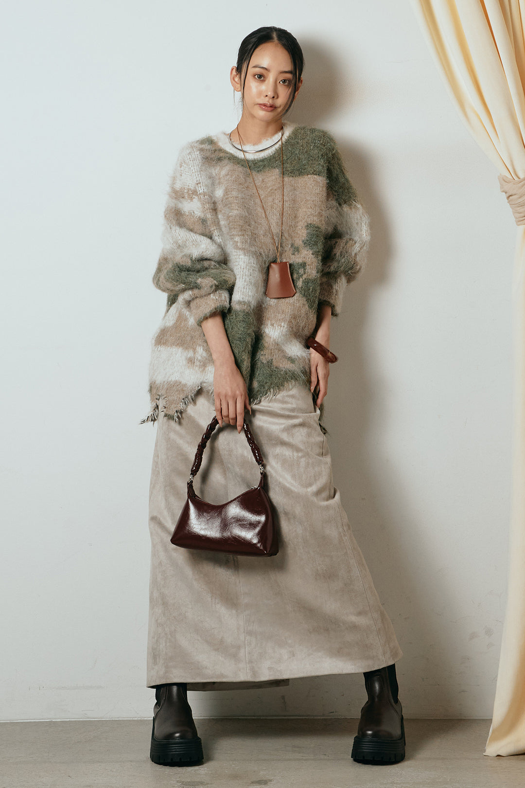 [SET]起毛裾デザインニュアンス柄ニットトップス+エコスウェードワイドスカート(2set)