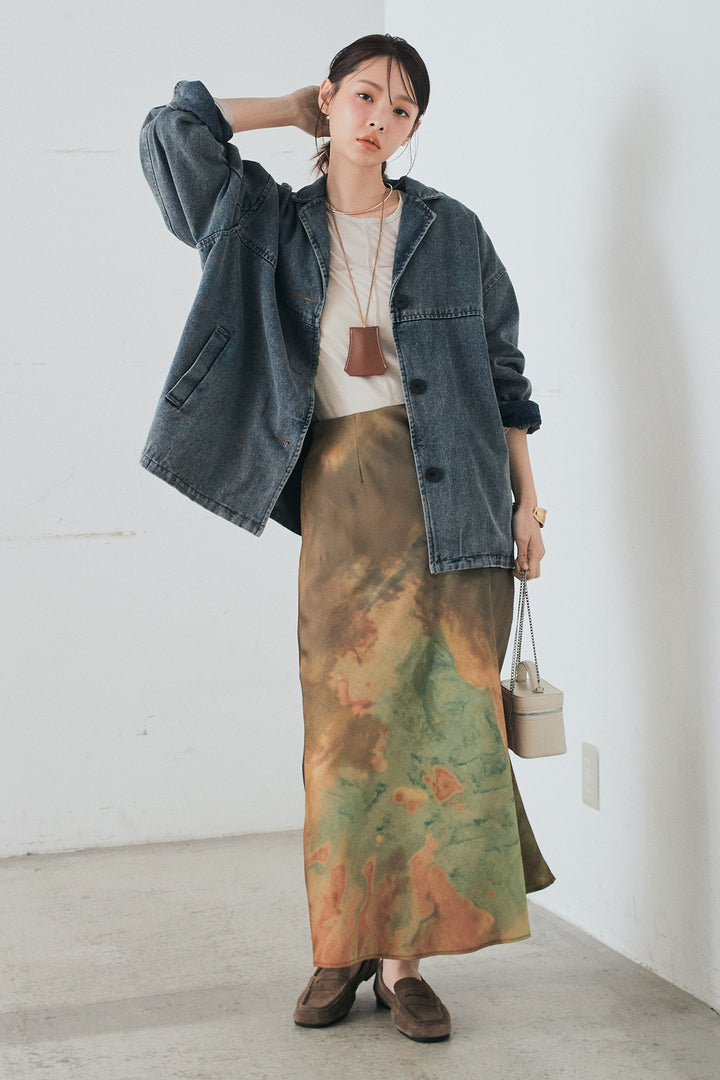 [SET]オーバーデニムジャケット+ニュアンス柄サテンスカート(2set)