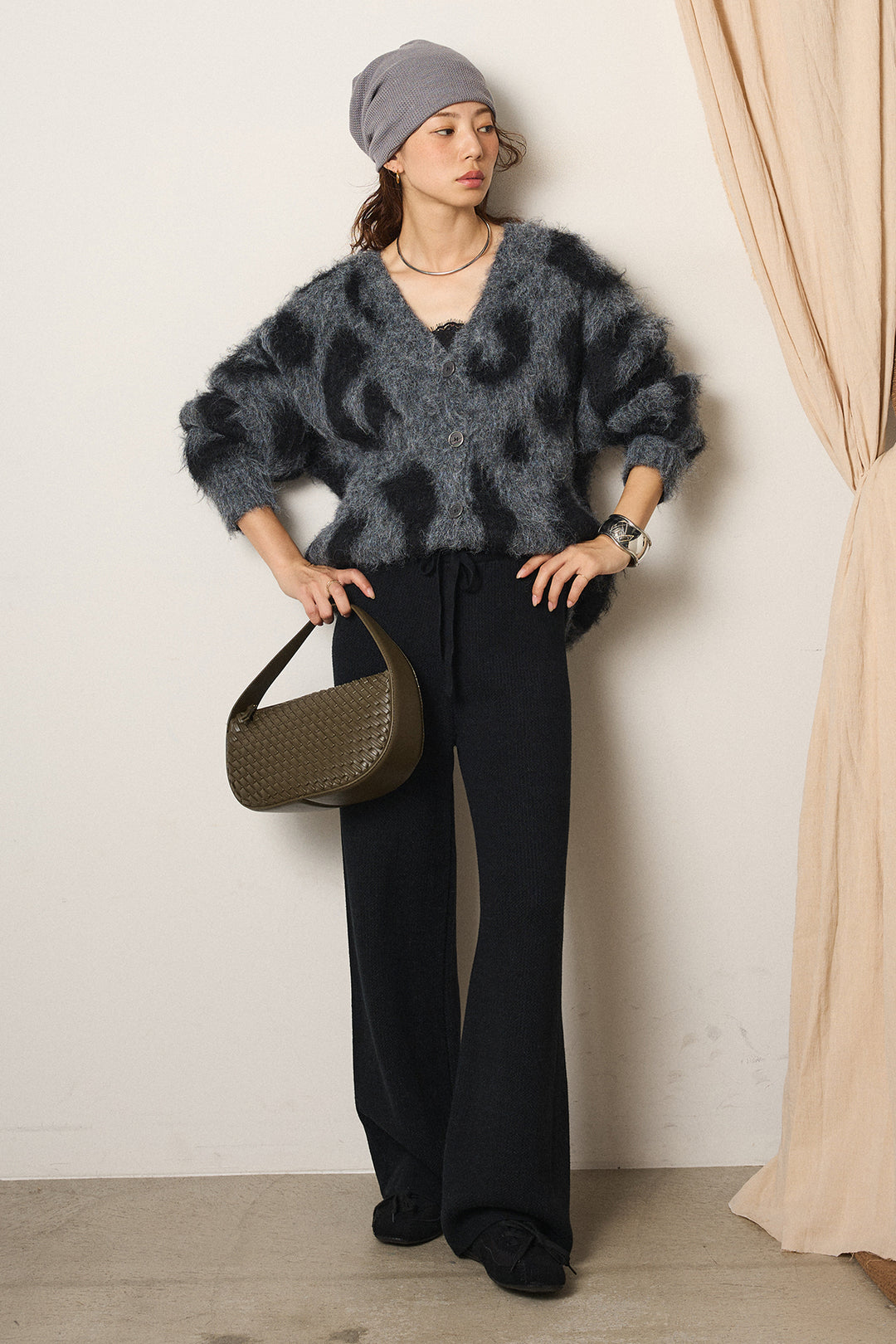 [SET]レオパードシャギータッチカーディガン+ワイドリブニットイージーパンツ(2set)