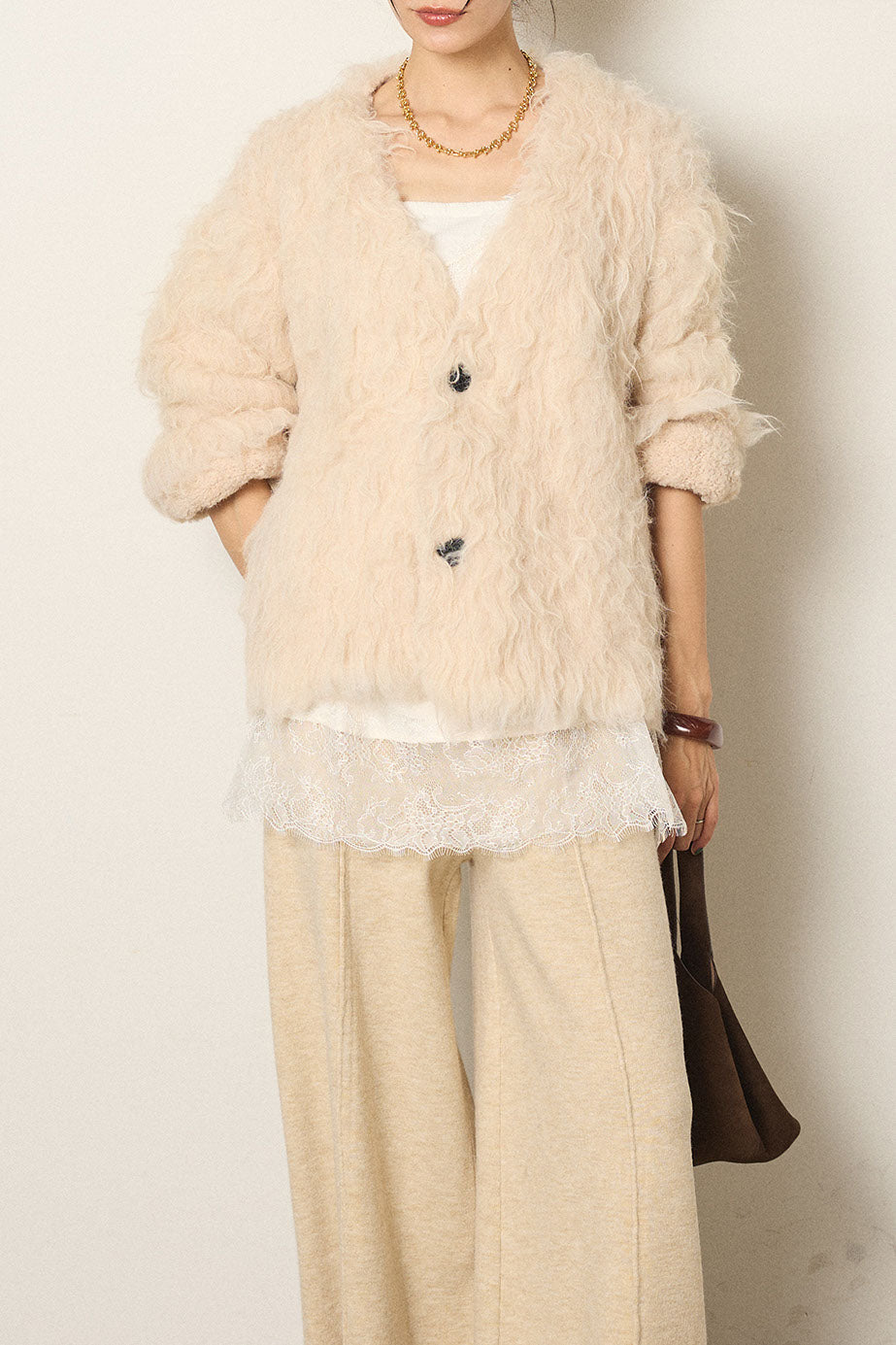 [SET]起毛シャギーニットカーディガン+レース切り替えキャミソール(2set)