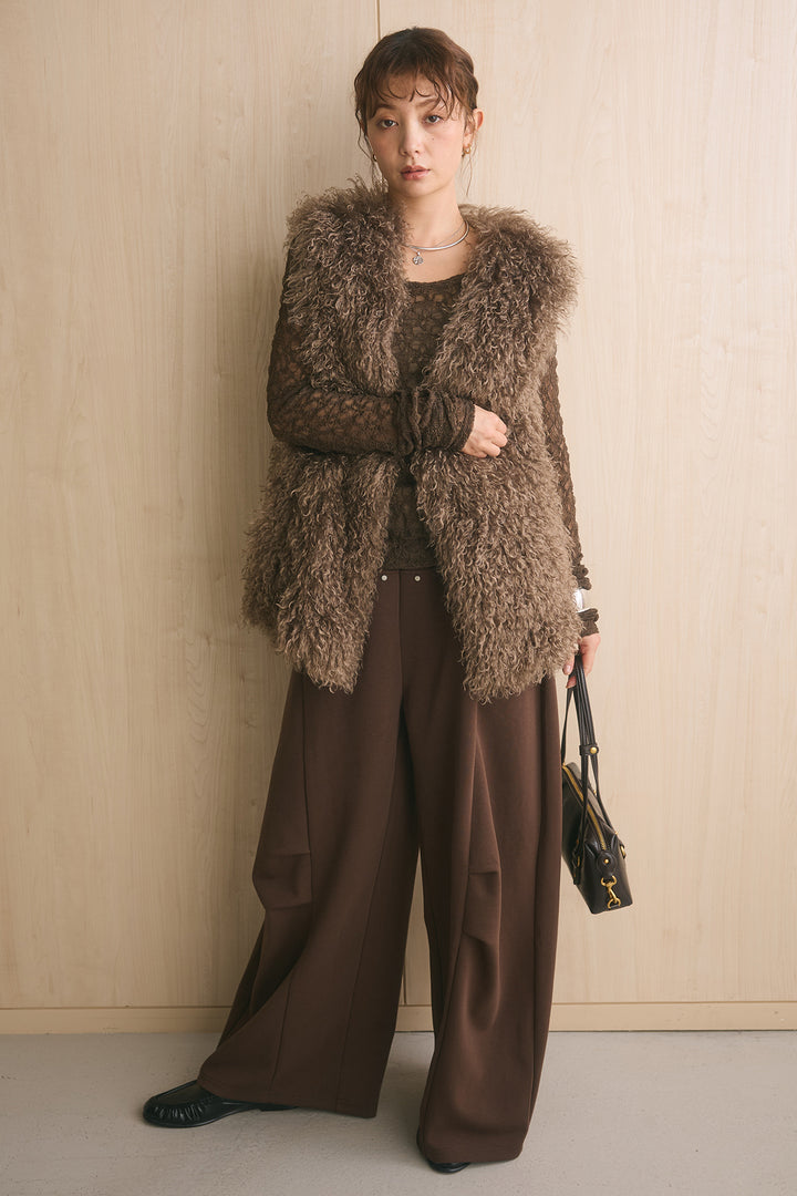 [SET]ロングシャギーファーベスト+スタッズ付きニーサイドタックスウェットパンツ(2set)