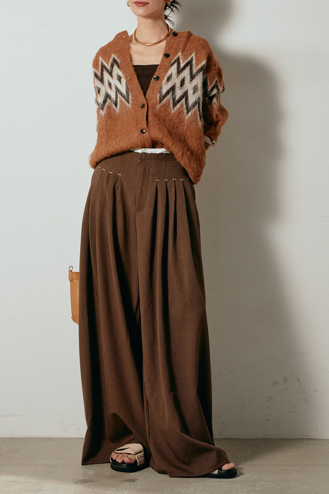 [SET]起毛ノルディック柄ニットカーディガン+ウエストステッチデザインワイドスラックス(2set)