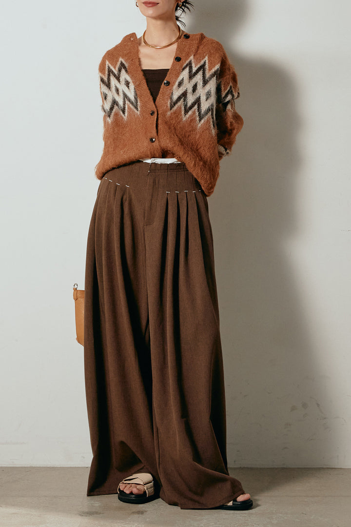 [SET]起毛ノルディック柄ニットカーディガン+ウエストステッチデザインワイドスラックス(2set)