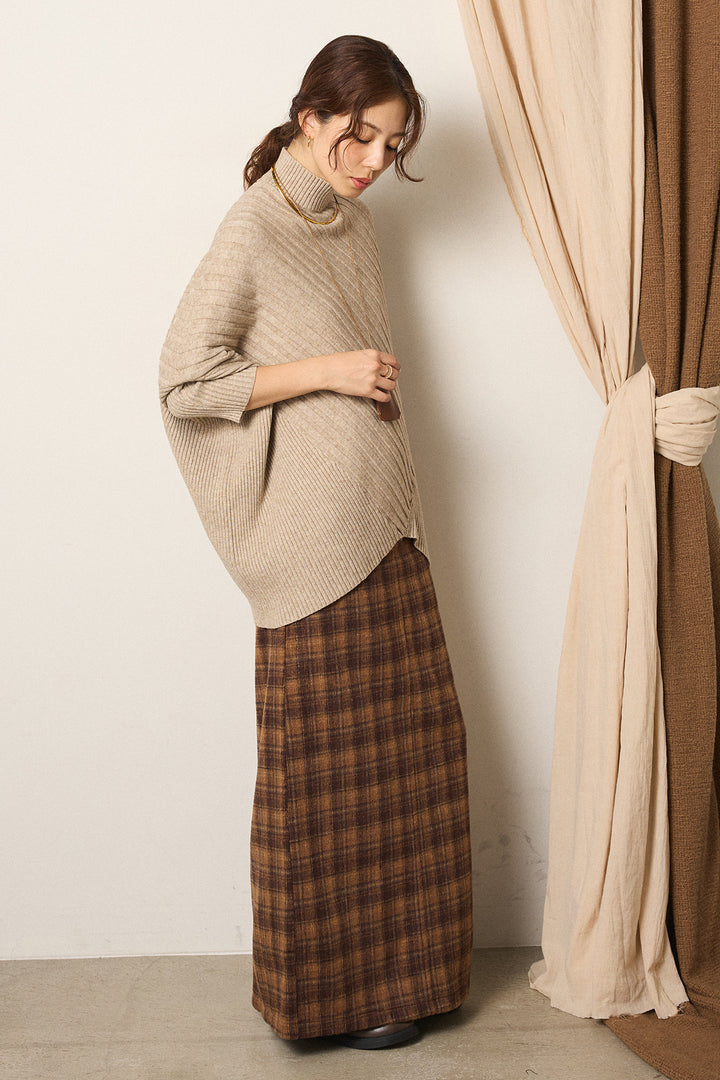 [SET]アシメデザインリブポンチョニットトップス+シャギーチェックストレートスカート(2set)