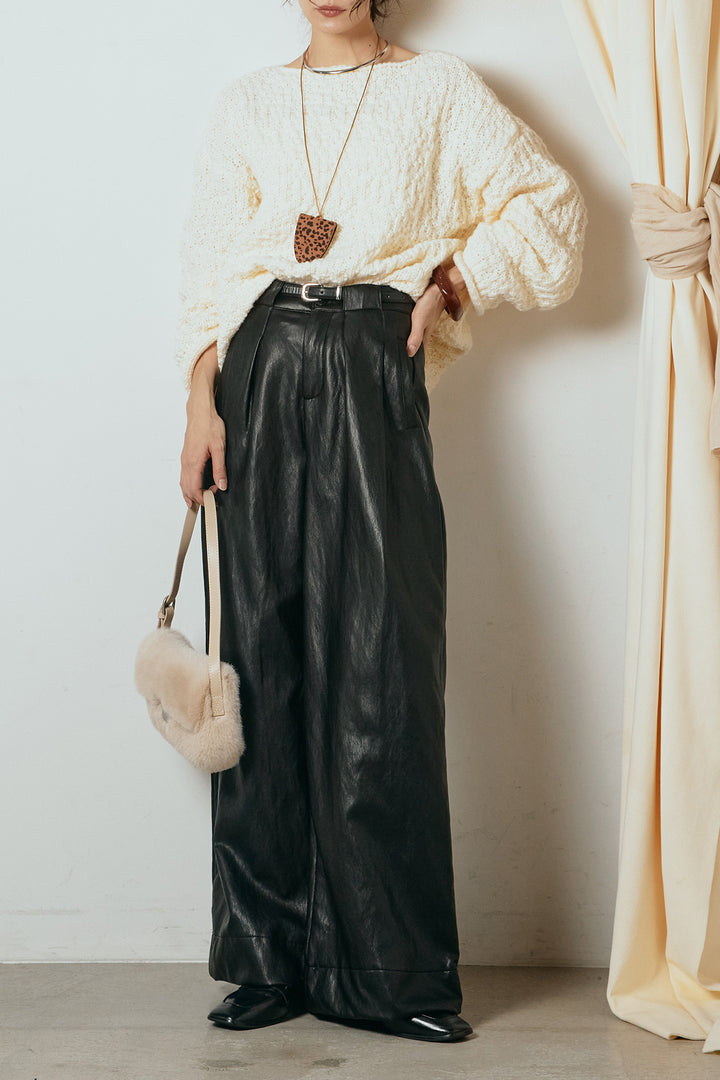 [SET]ボリューム編みニットプルオーバー+ベルト付きレザーライクタックパンツ(2set)