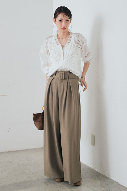 [SET]モチーフ付きシアーブルゾン+ベルト付きツータックワイドパンツ+ベルト付きツータックワイドパンツ(3set)