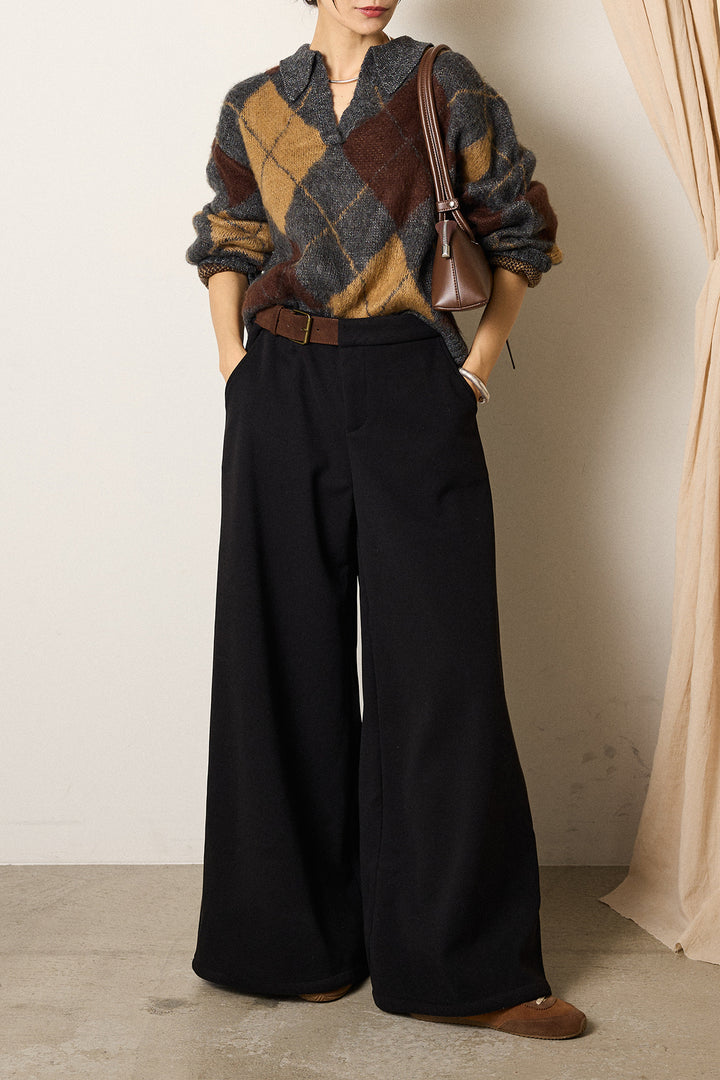 [SET]アクリルモヘアアーガイルキーネックプルオーバー+サイドベルトパンツ(2set)