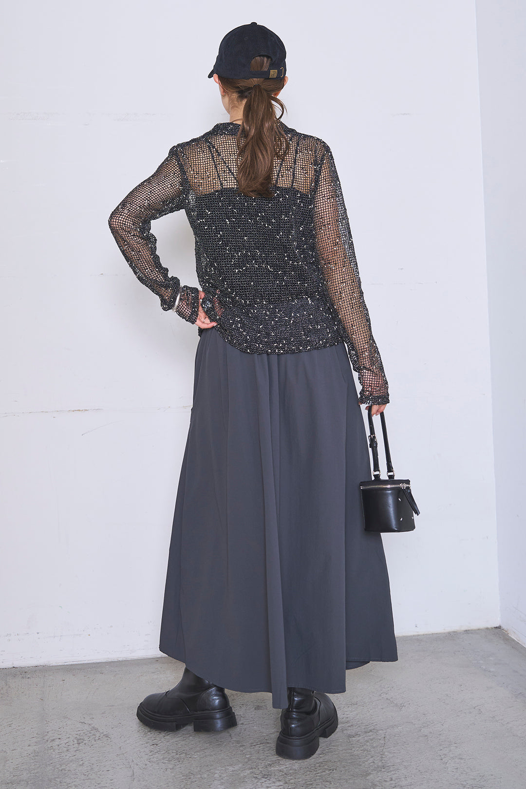 [SET]ネップメッシュポロ襟カーディガン+ラップレイヤードアシンメトリーデザインスカート(2set)