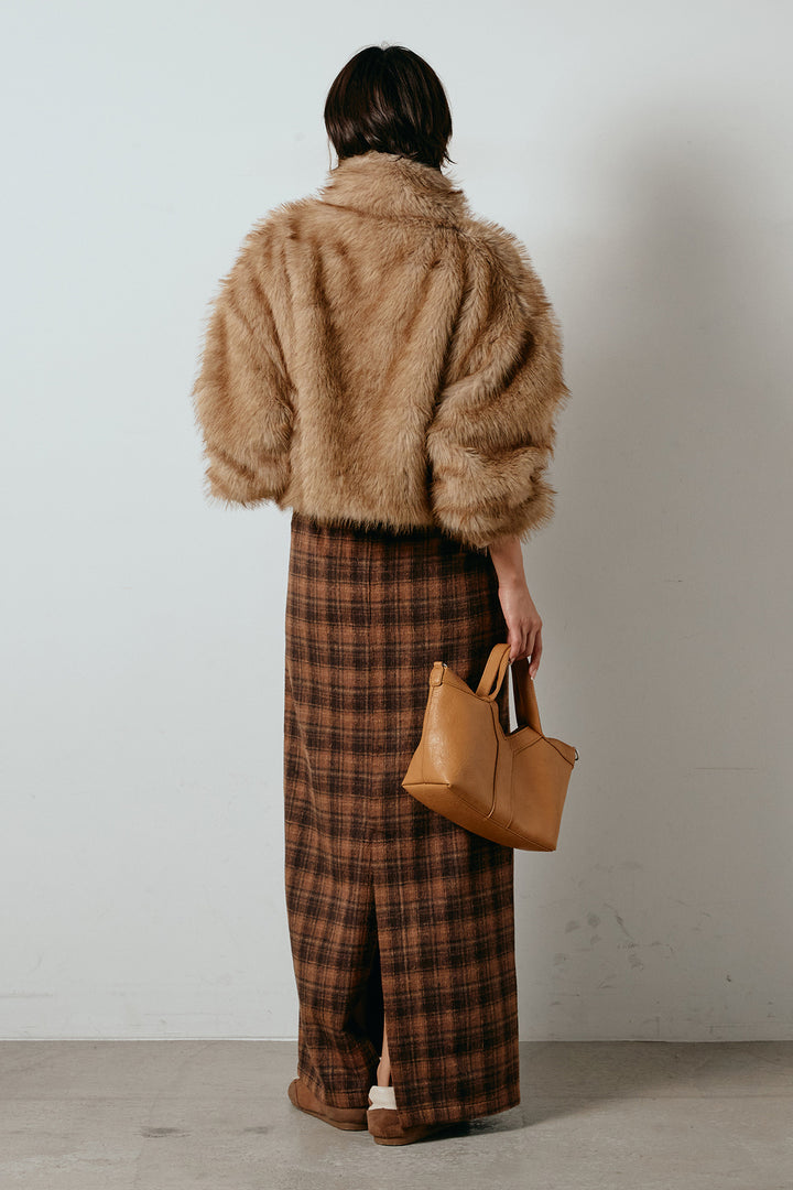 [SET]エコファーショート丈ブルゾン+シャギーチェックストレートスカート(2set)