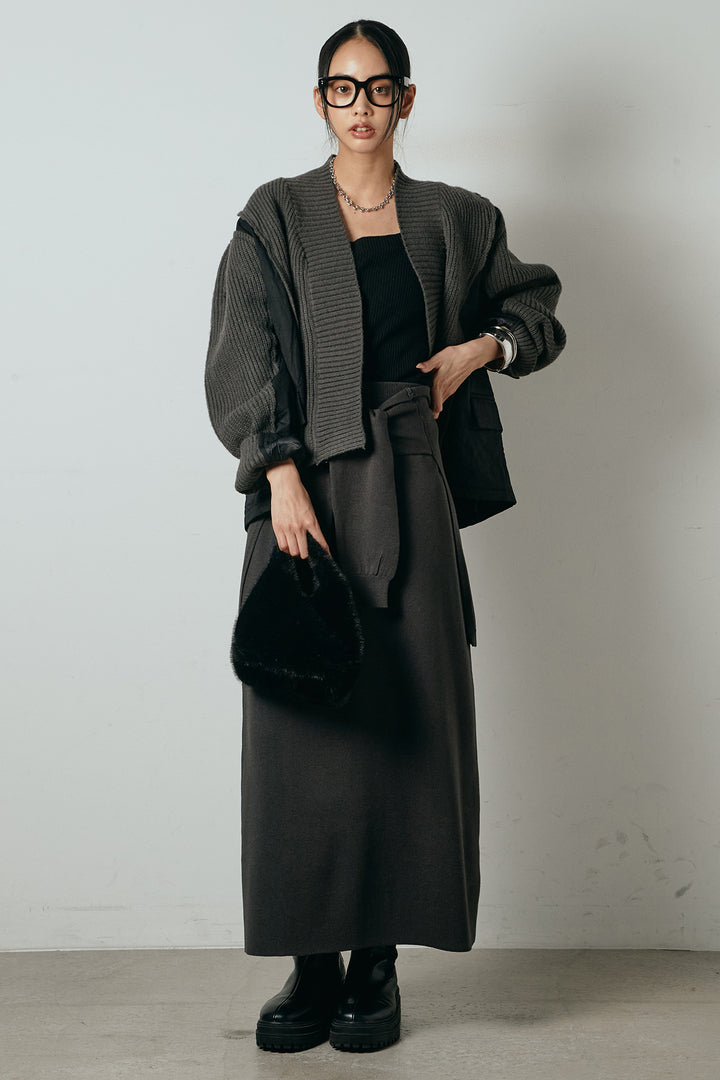 [SET]キルティング切り替えニットカーディガン+ウエストラップ巻きニットスカート(2set)