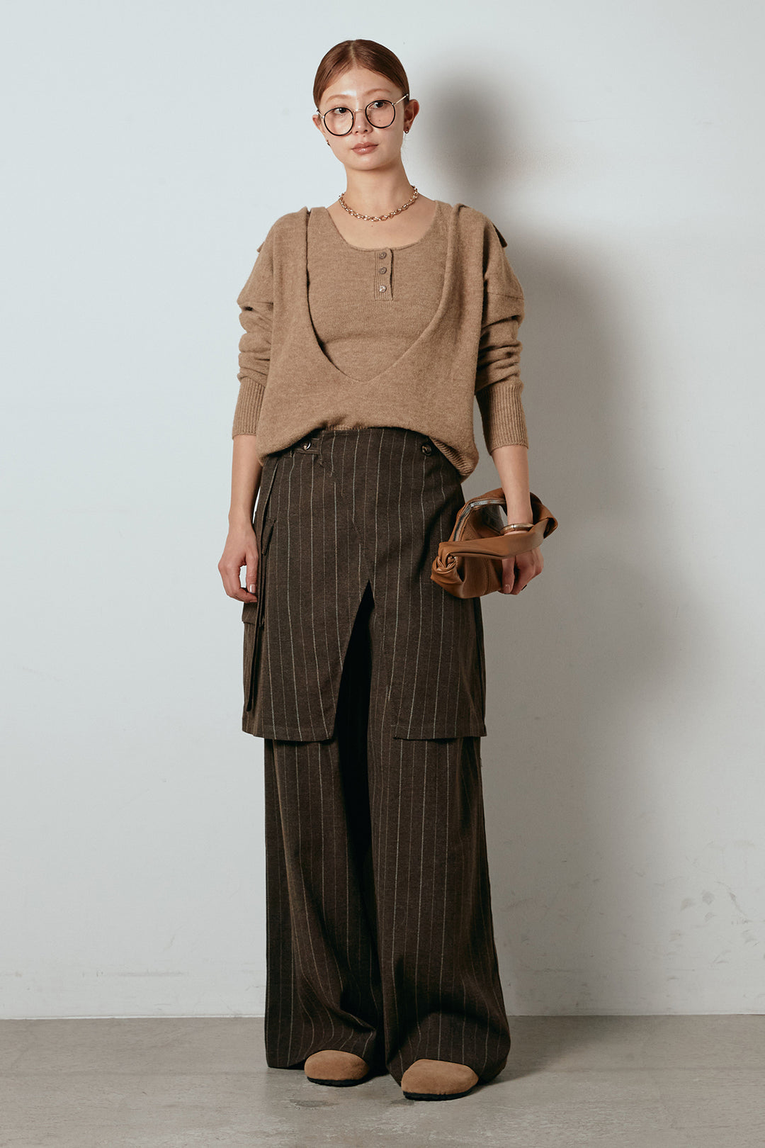 [SET]襟付きレイヤードニットトップス+細ストライプレイヤードデザインパンツ(2set)