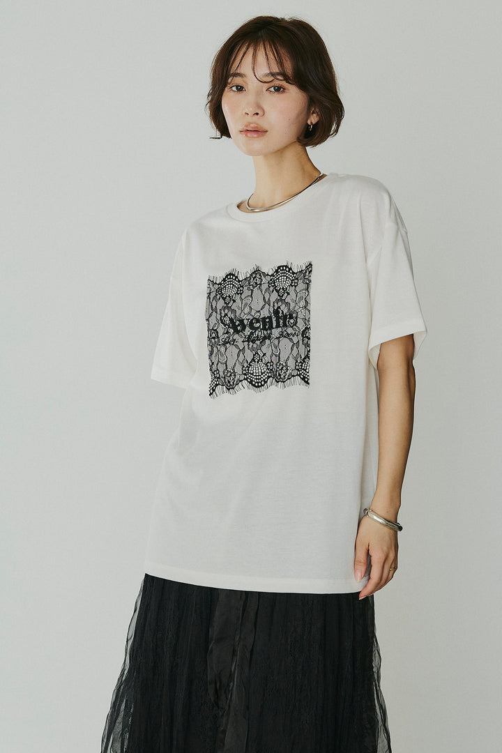 [SET]レースロゴ刺繍Tシャツ+レースコンビワッシャーギャザースカート(2set)