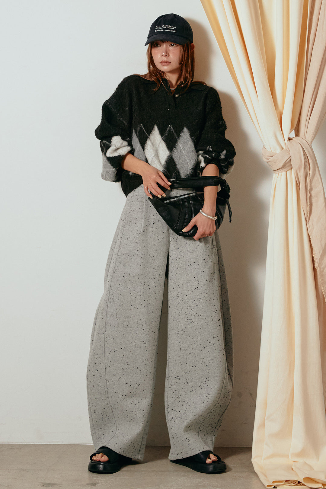 [SET]アーガイル柄ポロニットトップス+ベルト付きネップツイードカーブパンツ(2set)