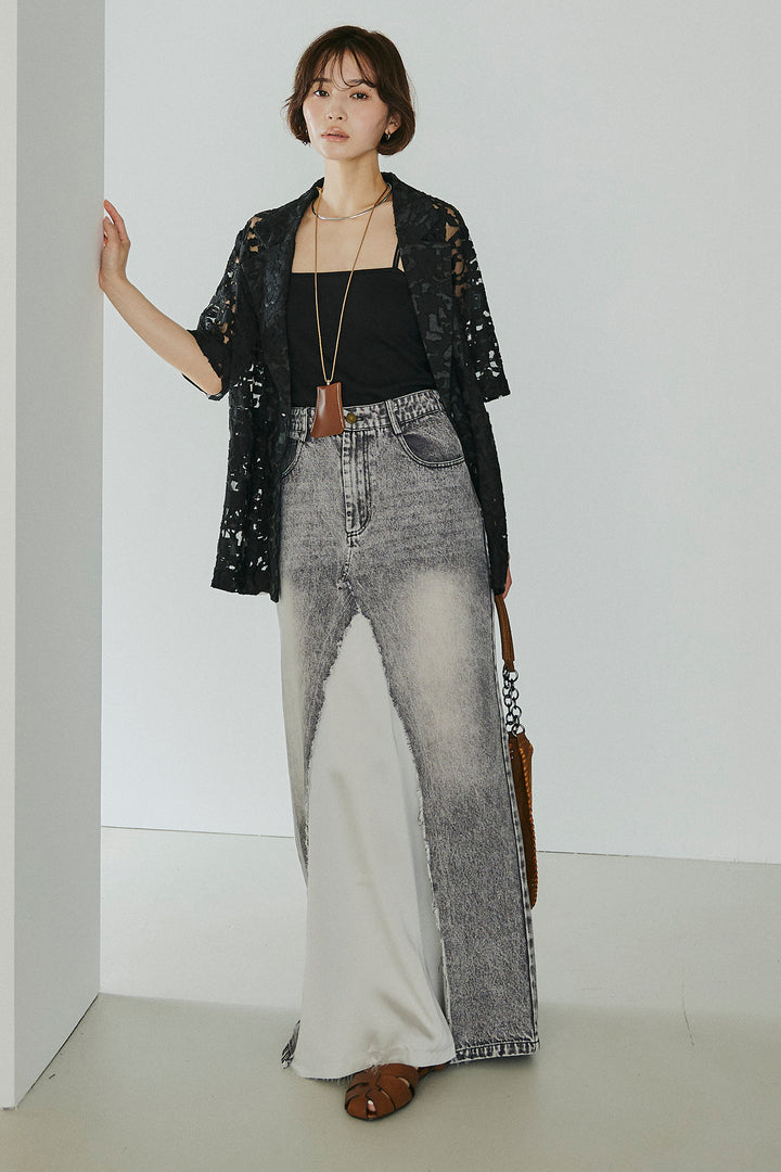 [SET]シアージャガードハーフスリーブテーラードジャケット+サテン切り替えデニムスカート(2set)