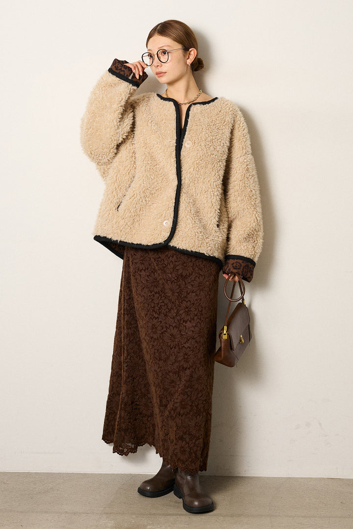 [SET]ノーカラー裏地レオパードボアアウター+花柄刺繍ベロアフレアスカート(2set)