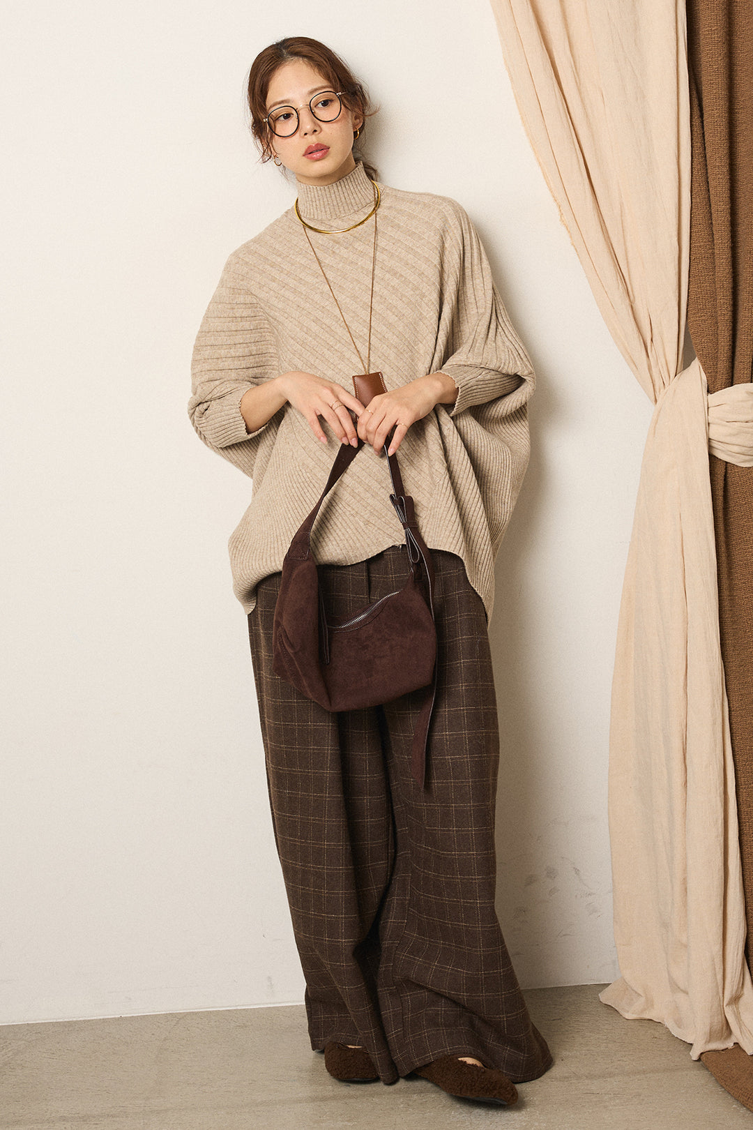 [SET]アシメデザインリブポンチョニットトップス+ウールライクチェックタックパンツ(2set)