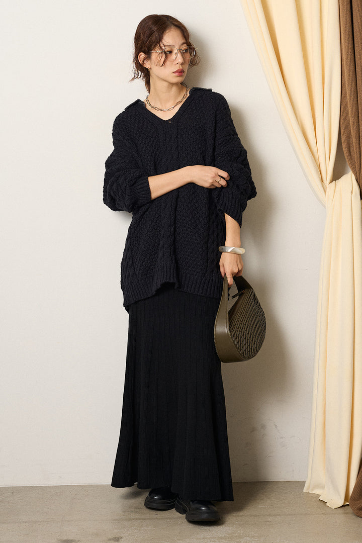 [SET]デニムカラーケーブルオーバーニット+編み地切り替えフレアニットスカート(2set)