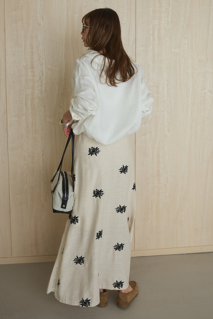 [SET]麻混襟付きトップス+レースコンビフラワー刺繍柄スカート(2set)