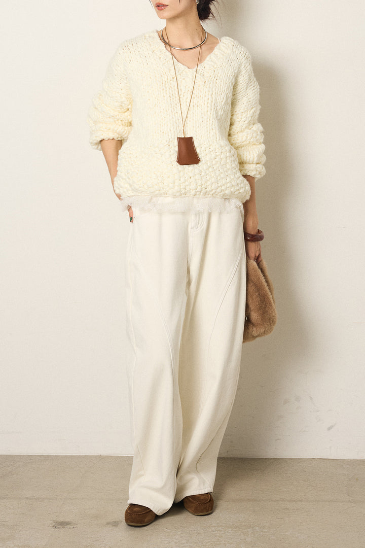 [SET]Vネックハンド編みニットトップス+ベルト付きカジュアルカーブワイドパンツ+レース切り替えキャミソール(3set)