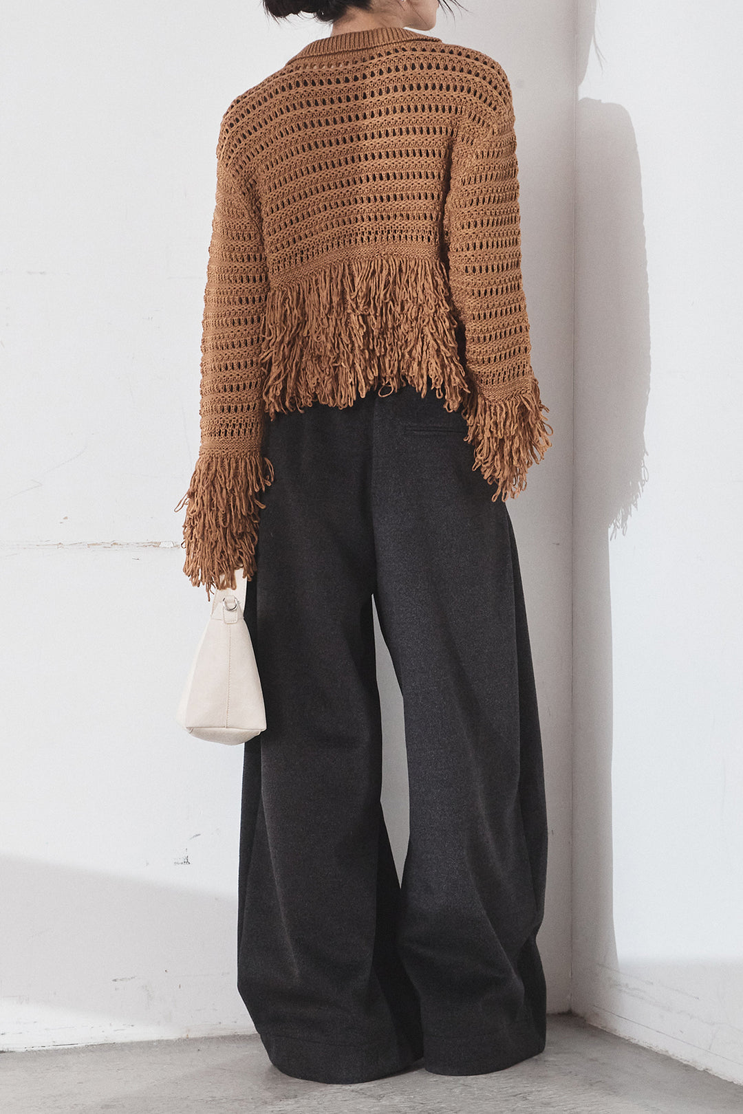 [SET]メッシュフリンジカーディガン+ウールタッチカーブワイドパンツ(2set)