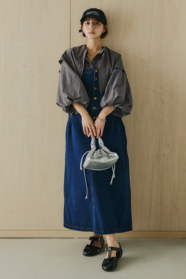 [SET]ケープカラーナイロンブラウス+配色ショルダーデニムサロペットスカート(2set)