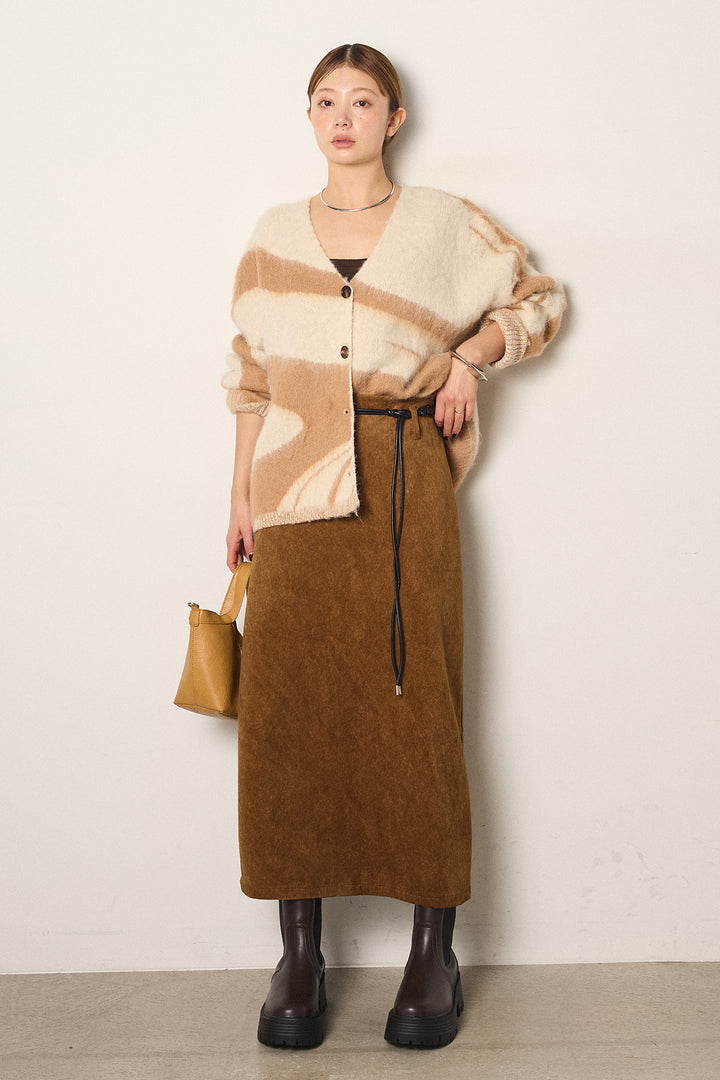 [SET]アクセントブラッシュドカーディガン+ロープベルト付きスウェード調スカート(2set)