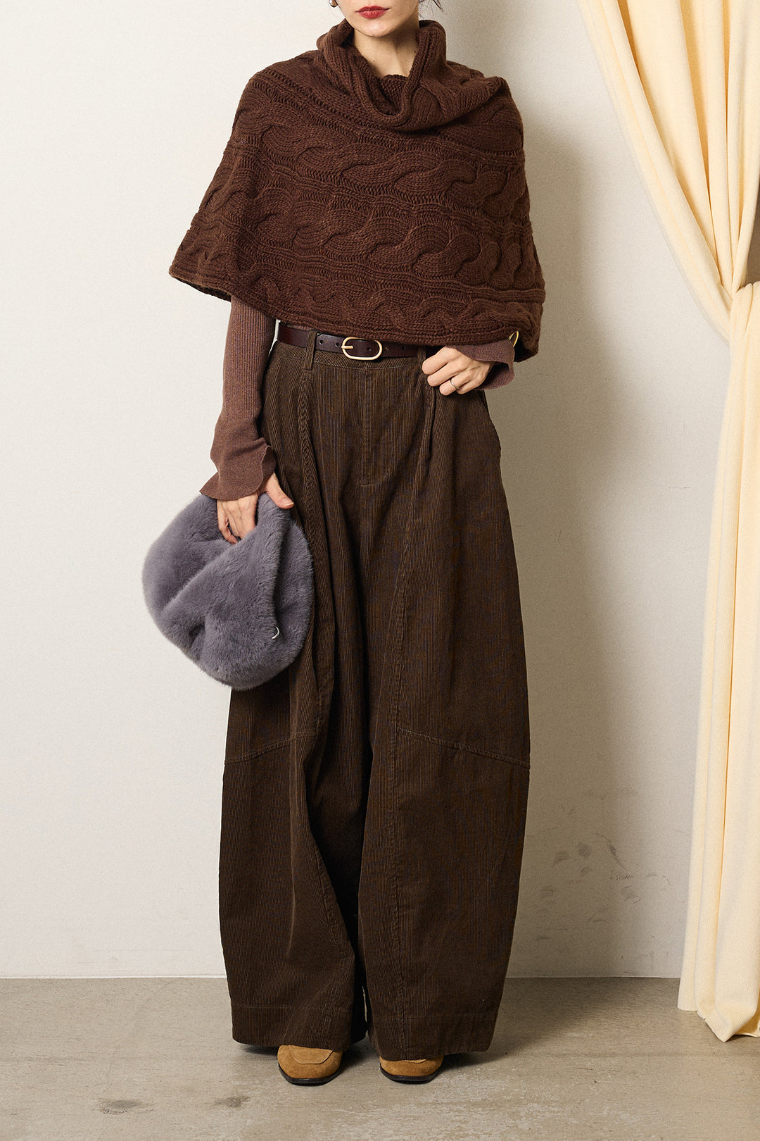 [SET]ケーブル編みケープレイヤードニット+タック入りコーデュロイワイドパンツ(2set)