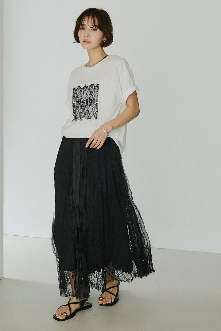 [SET]レースロゴ刺繍Tシャツ+レースコンビワッシャーギャザースカート(2set)